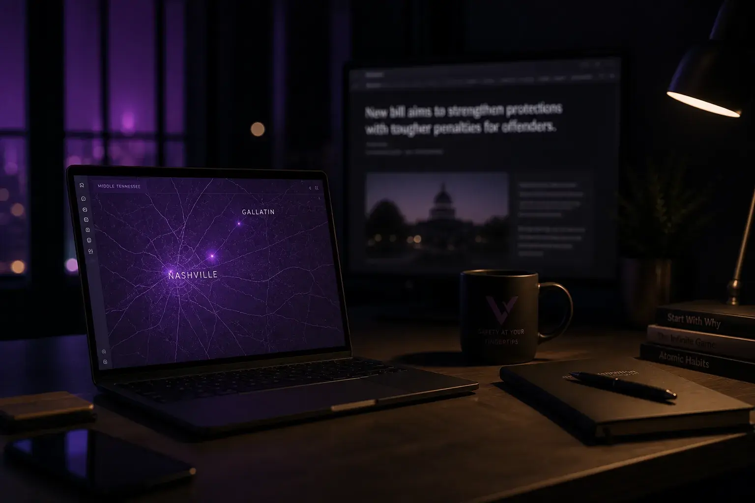 A dimly lit workspace evoking Velyra's founding moment, with a purple-lit map of Middle Tennessee