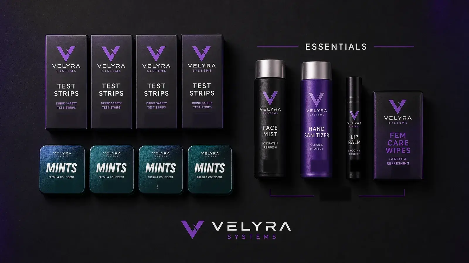 A flat-lay of Velyra products: drink test strips, mints, and personal essentials in dark packaging