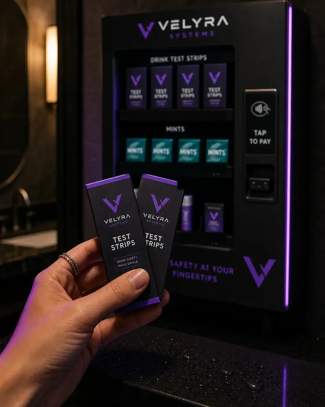 A hand holding two drink test strip packets dispensed from a Velyra machine