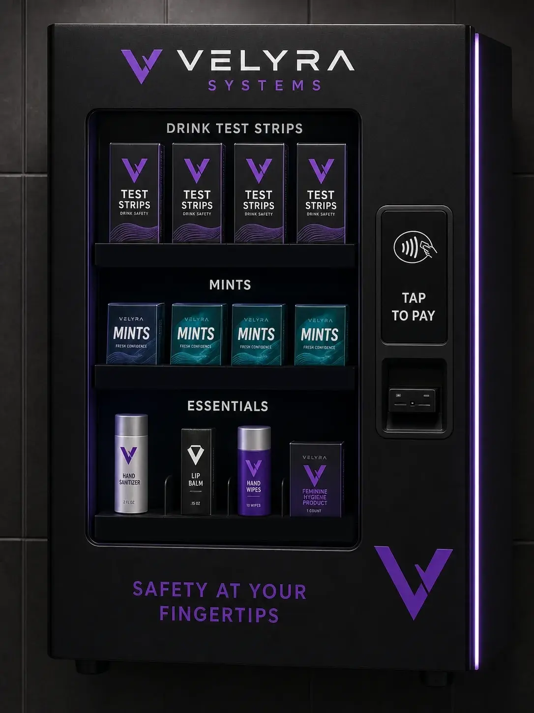 The Velyra drink-safety vending machine, a sleek matte-black wall-mounted unit with purple LED edge-glow