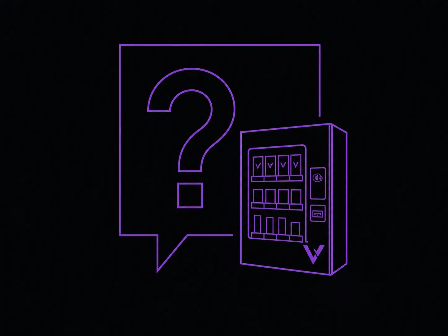 A minimal flat illustration of a question-mark and vending-machine support graphic
