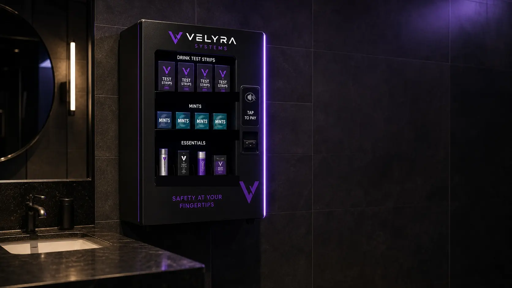 A three-quarter view of the Velyra drink-safety vending machine with purple LED edge-glow