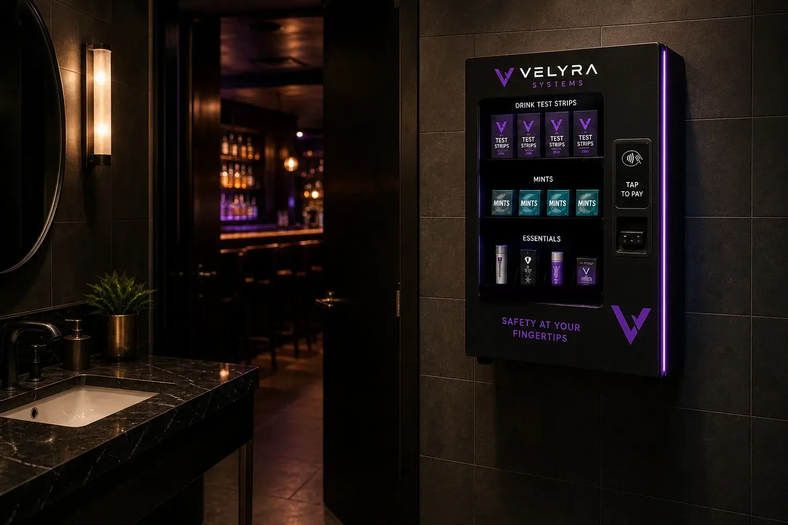 A Velyra drink-safety vending machine installed in an upscale cocktail-bar restroom