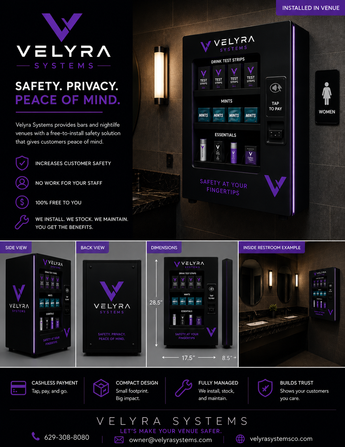 Overview of the Velyra drink-safety vending machine: front, side, back, and dimensioned views plus an installed-in-venue example