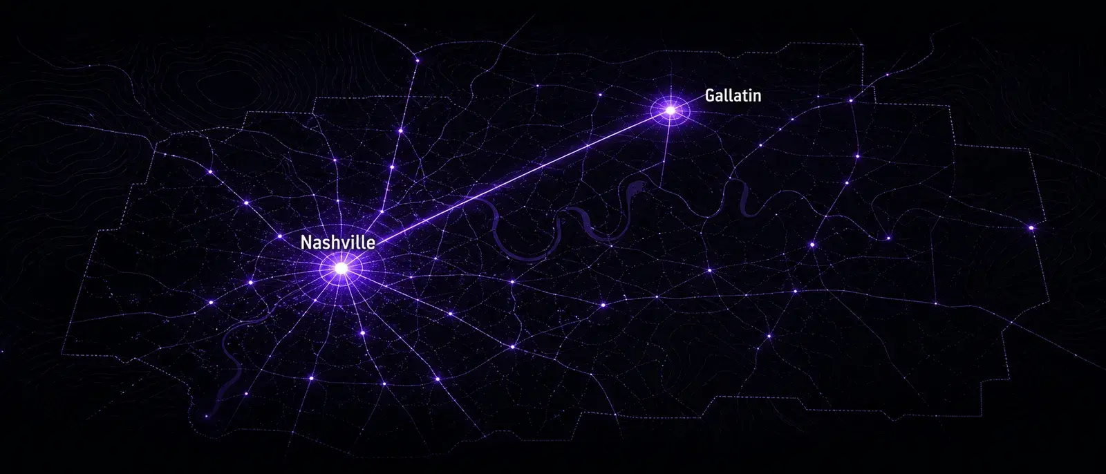 An abstract glowing purple map of the greater Nashville and Middle Tennessee region