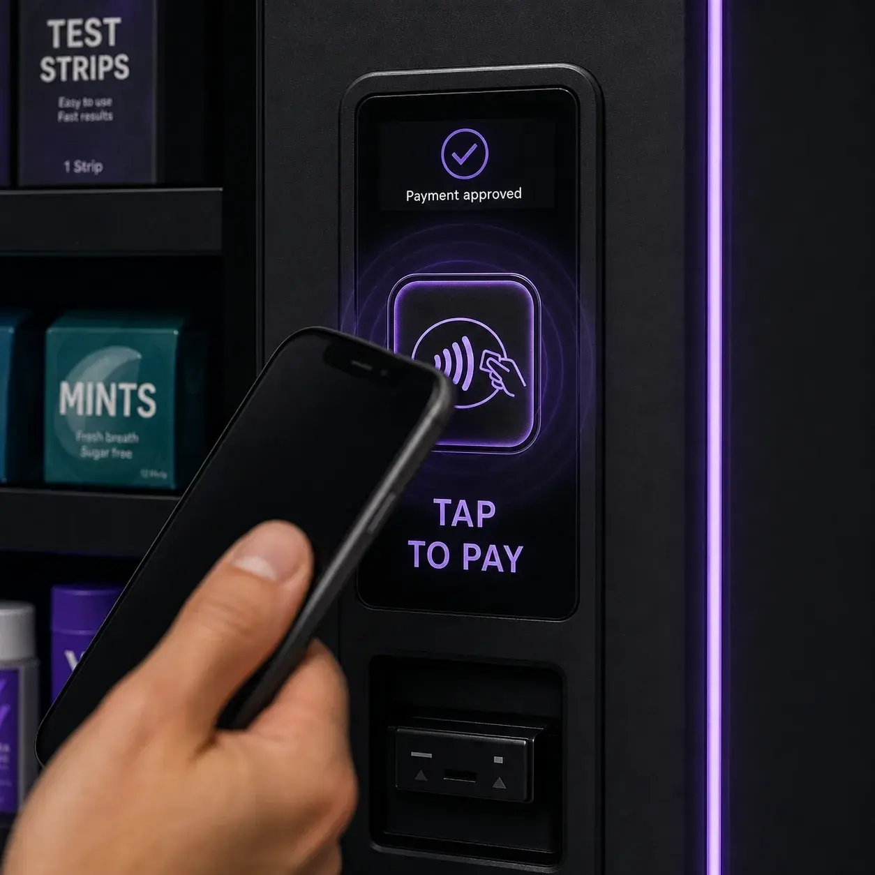 Close-up of a guest tapping a phone to pay at a Velyra safety station