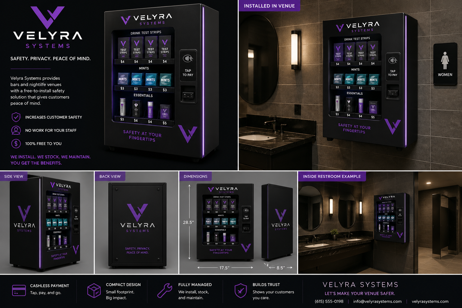 Velyra Systems safety station shown from multiple angles, with dimensions and an example of how it looks installed inside a restroom.